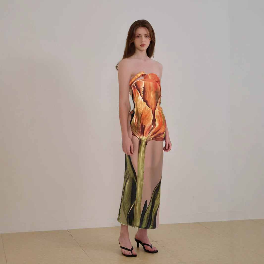 Women’s Strapless Midi Dress – Abstract Print – Flowing Fit – Lightweight Fabric
