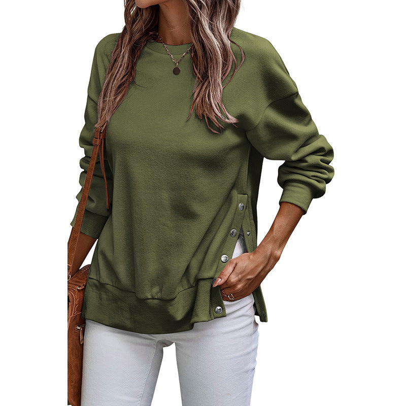 Loose Fit Side Button Slit Pullover Sweatshirt 