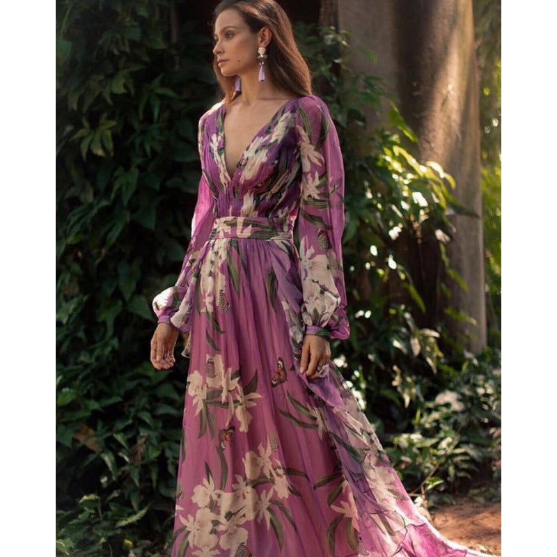 Women’s Full-Length Dress – Floral Chiffon – V-Neck – Long Sleeve – Relaxed Fit