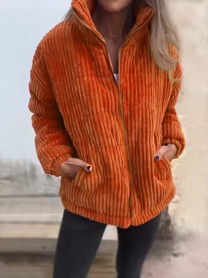 Women’s Corduroy Jacket – Relaxed Fit – Cropped Length – Stand Collar – Zip Front