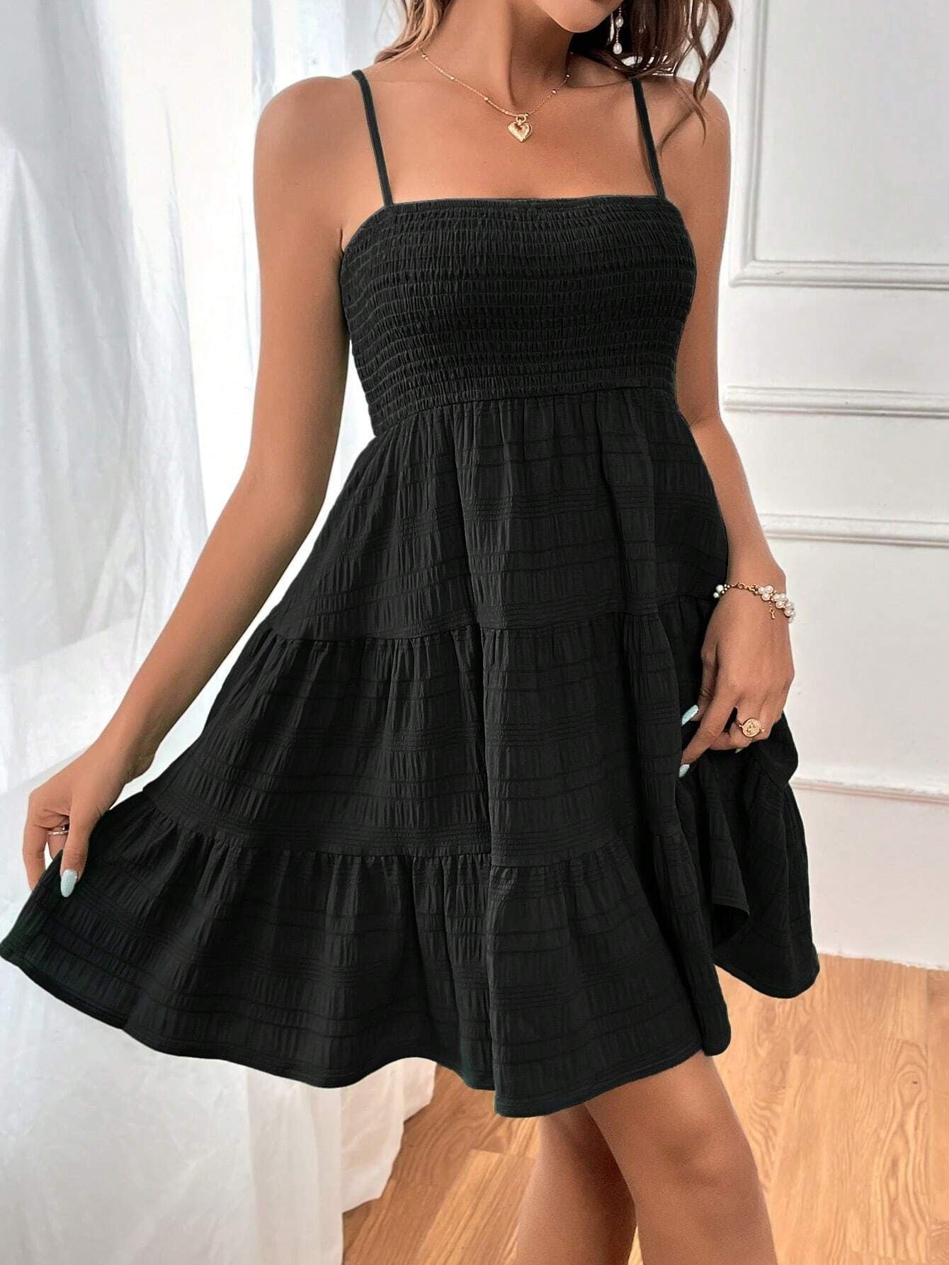 Women's Sundress - Smocked Bodice - Spaghetti Straps - Tiered Flowy Skirt
