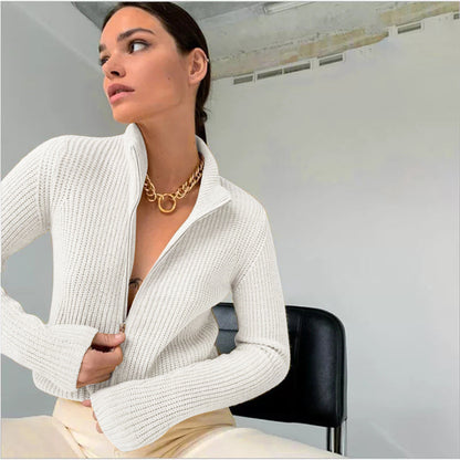 Women’s Cardigan – Fitted Knit – High Collar – Ribbed Texture – Zipper Front – Long Sleeve
