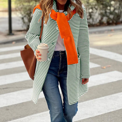 Women’s Trench Coat – Relaxed Fit – Double-Breasted – Striped Woven Mid-Thigh Length