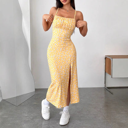 Women’s Midi Dress – Slim Fit – Bustier Bodice – Spaghetti Straps – Floral Print – Side Slit
