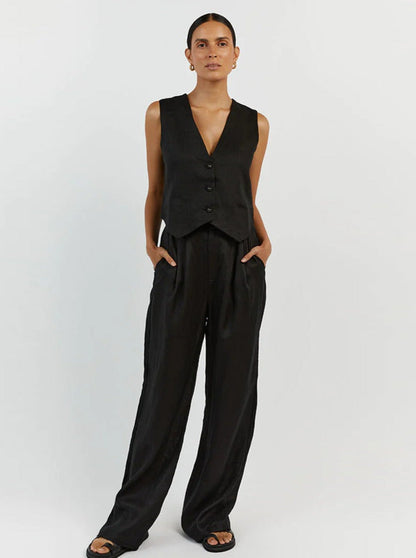 Women's Vest and Wide-Leg Pants Set - Tailored Fit - Sleeveless - High Waist Elegant Outfit