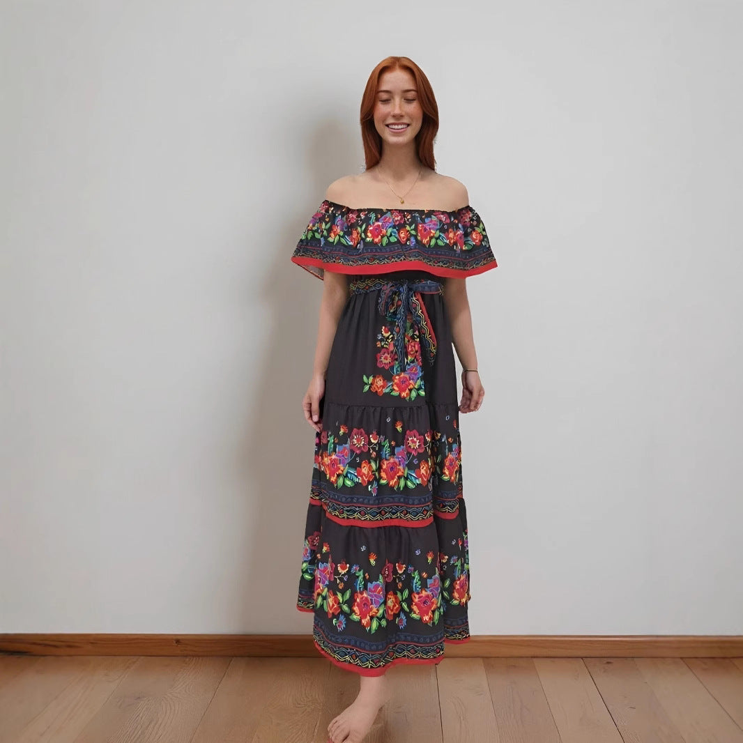 Floral Print Off-Shoulder Ruffled Maxi Dress