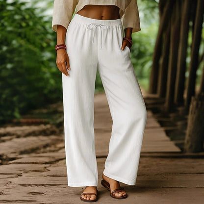 Women’s Wide Leg Pants – Relaxed Fit – Elastic Drawstring Waist – Breathable Cotton Linen