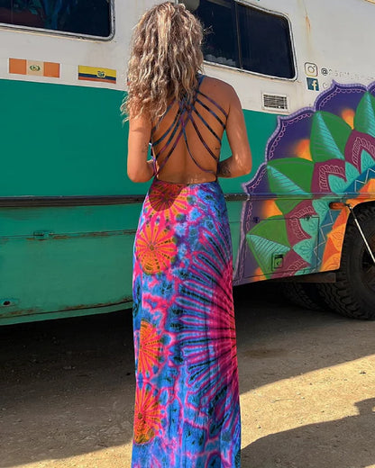 Women's Maxi Dress - Lace Detail & Tie-Dye Print