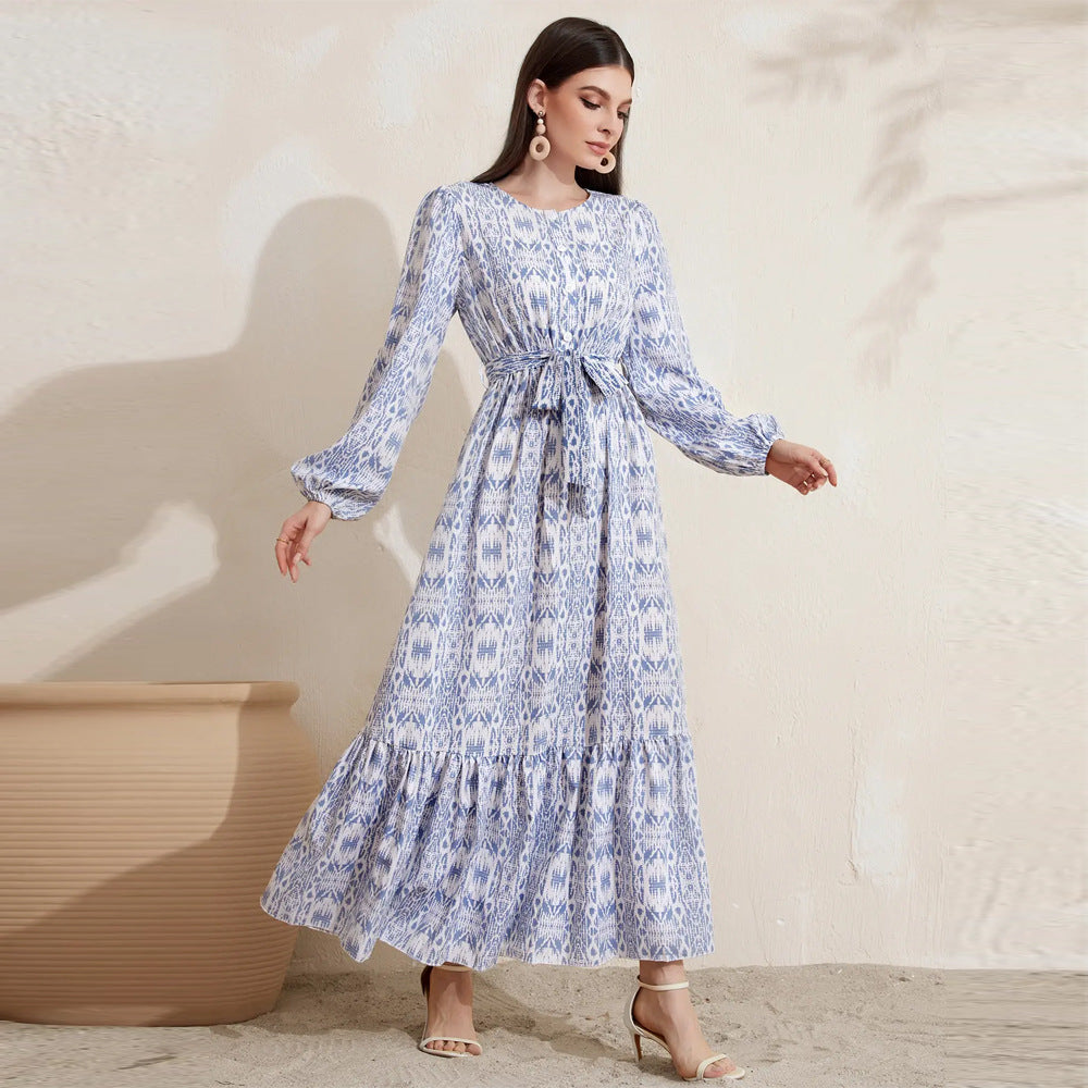 Long sleeve tie-waist boho maxi dress for women