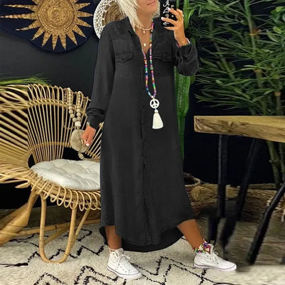 Women's Shirt Dress - Relaxed Fit - Button-Down - Long Sleeve - Mid-Calf Length