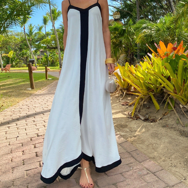 Women’s Maxi Dress – Lightweight Fabric – Loose Fit – Thin Straps – Contrast Trim
