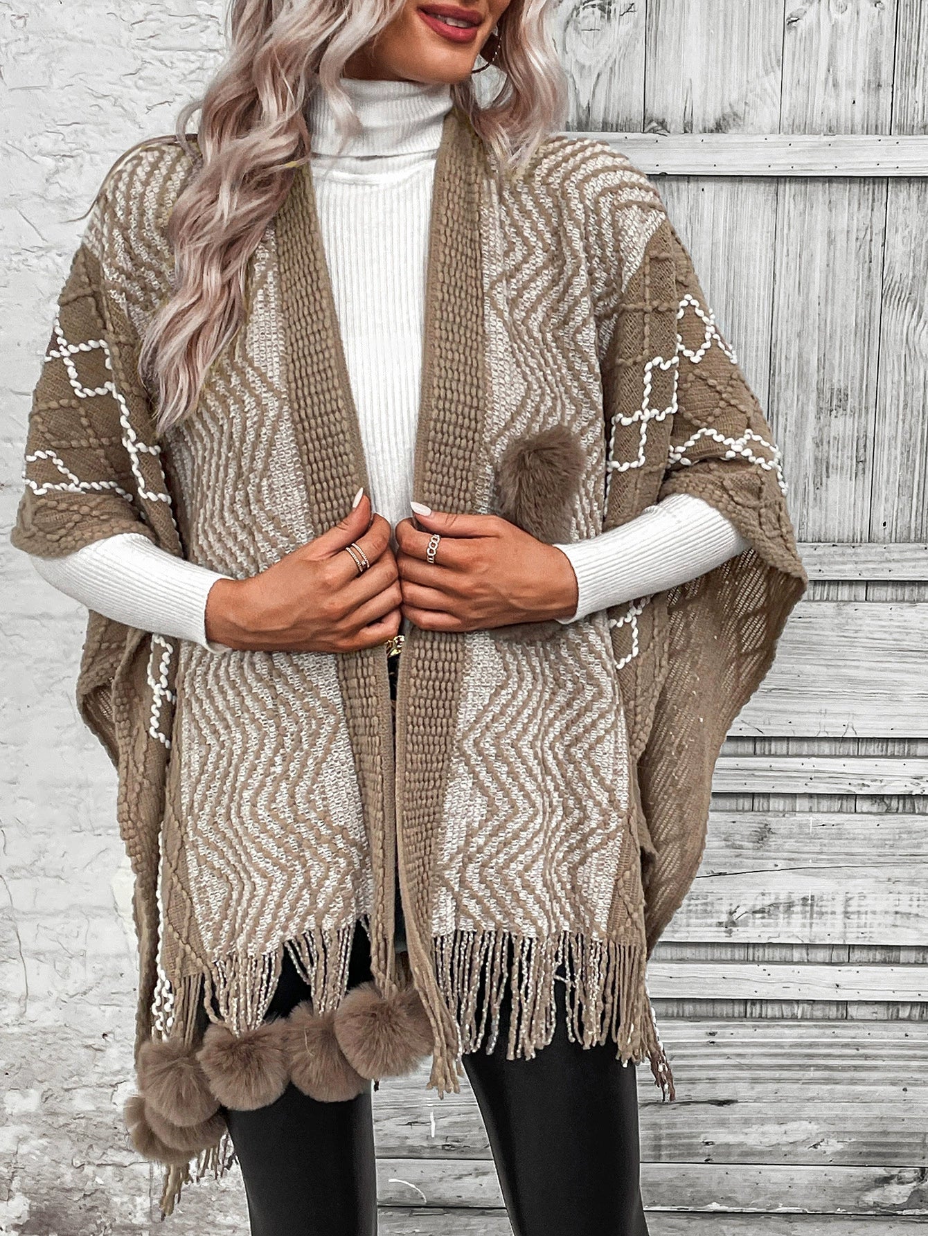 Women’s Cape Shawl Cardigan – Wool Knit – Oversized Fit – Fringe Hem – Boho Style