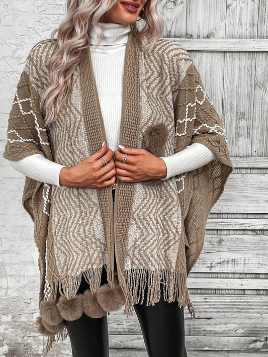 Wool Knit Oversized Fringe Hem Cardigan Cape Shawl 