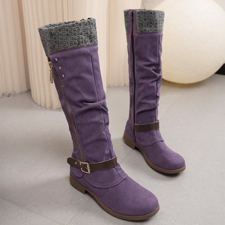 Women's leather side zip low heel knight boots