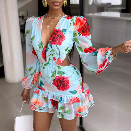Ruffled Hem Fitted Puff Sleeve Mini Dress