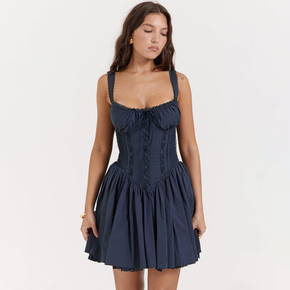 Women’s Mini Dress – Slim Fit – Corset Bodice – Lace Detail – Open Back – Pleated Skirt