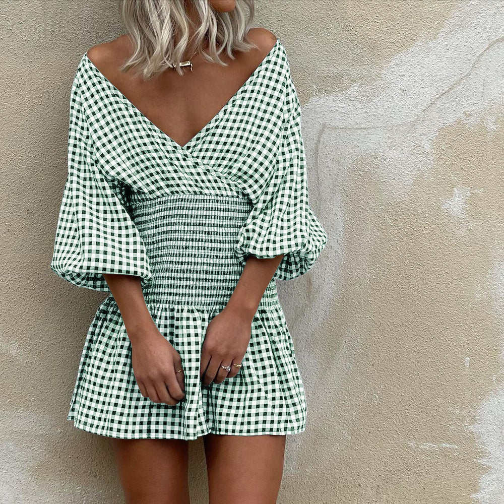Women’s Mini Dress – Cotton Blend – V-Neck – Puff Sleeves – Elastic Waist – Gingham