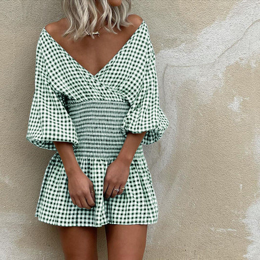 Gingham Puff Sleeve Cotton Blend Mini Dress