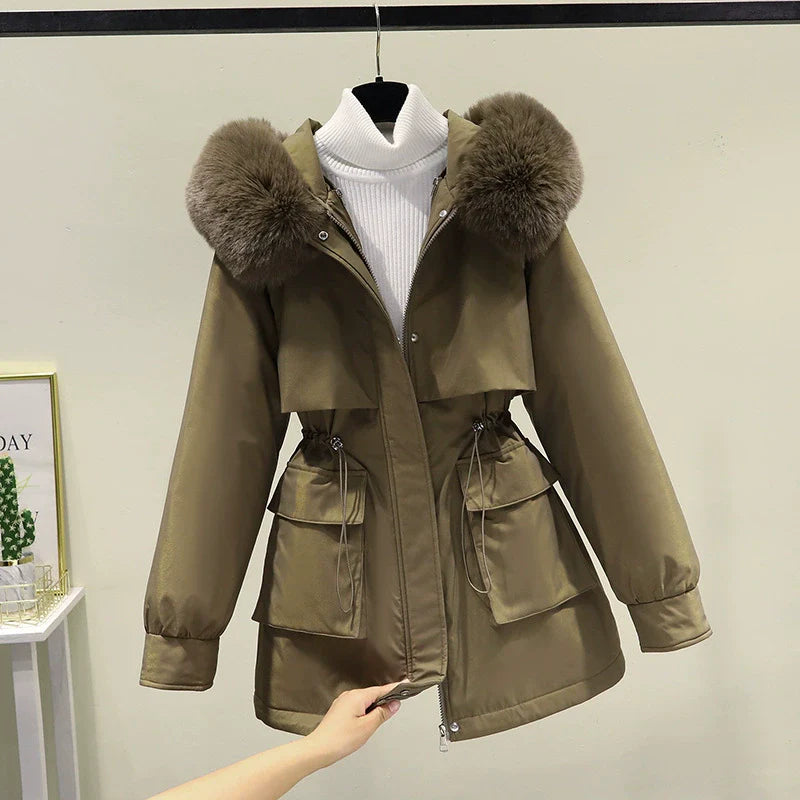 Women’s Parka Jacket – Mid-Length – Quilted Lining – Faux Fur Hood – Drawstring Waist