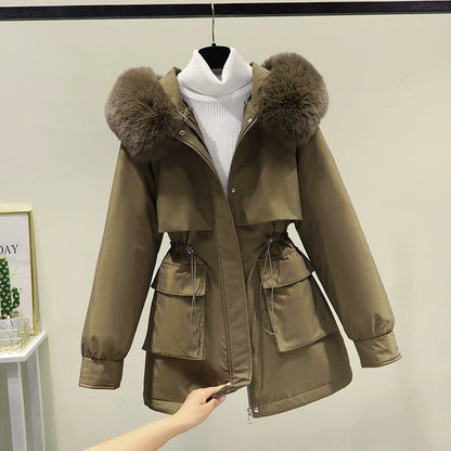 Women’s Parka Jacket – Mid-Length – Quilted Lining – Faux Fur Hood – Drawstring Waist