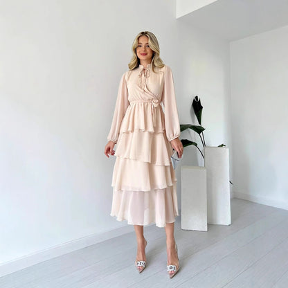 Women’s Chiffon Dress – Tiered A-Line Midi – Long Sleeve – High Neck Tie Waist