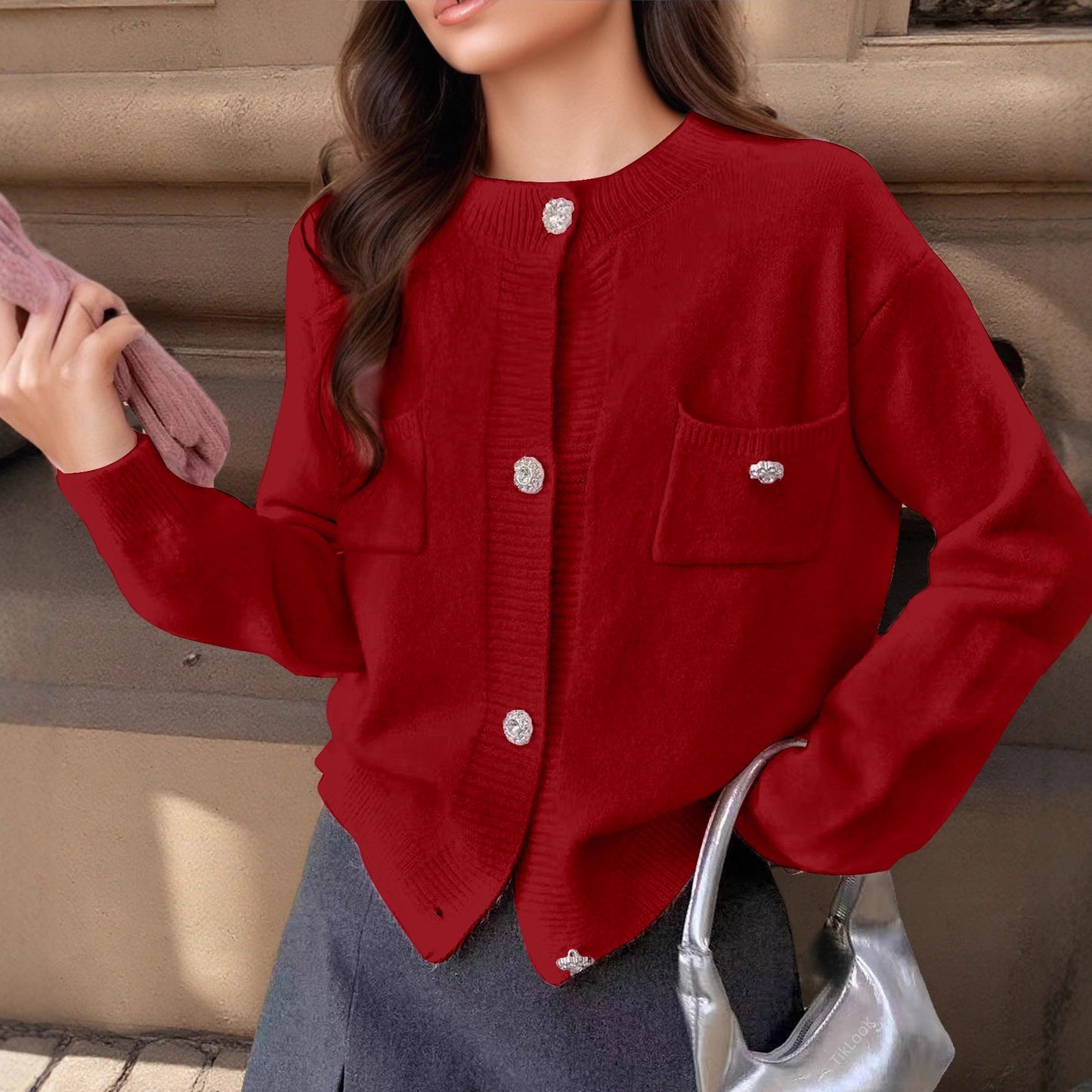 Women’s Cardigan – Wool Blend Knit – Relaxed Fit – Button Front – Ribbed Trim – Chest Pockets