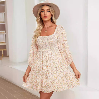 Women’s A-Line Dress – Shirred Bodice – Puff Sleeve – Floral Print – Lightweight Fit