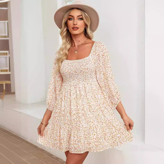Floral Print Shirred Bodice A-Line Dress