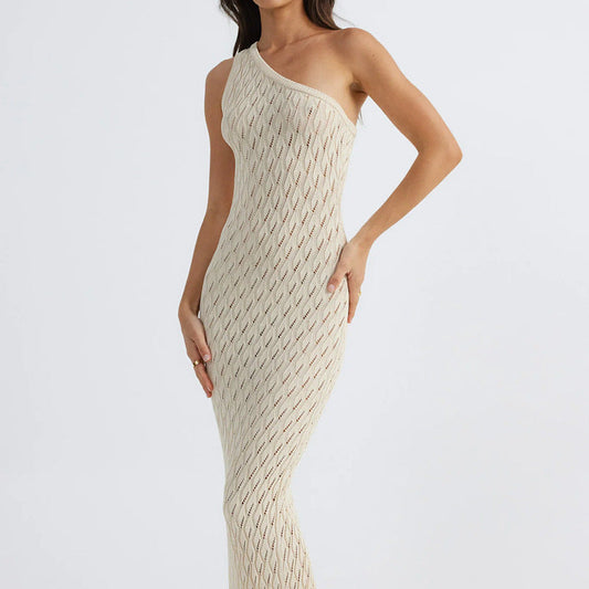 Openwork Fitted One-Shoulder Knit Dress