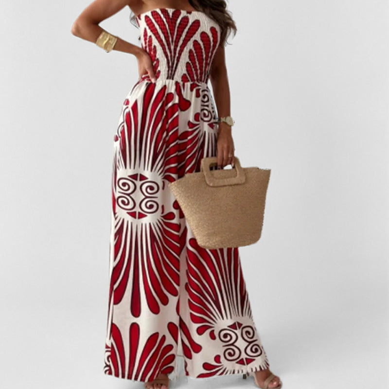 Women’s Jumpsuit – Off-Shoulder Smocked Bodice – Wide Leg – Relaxed Flowy Fit