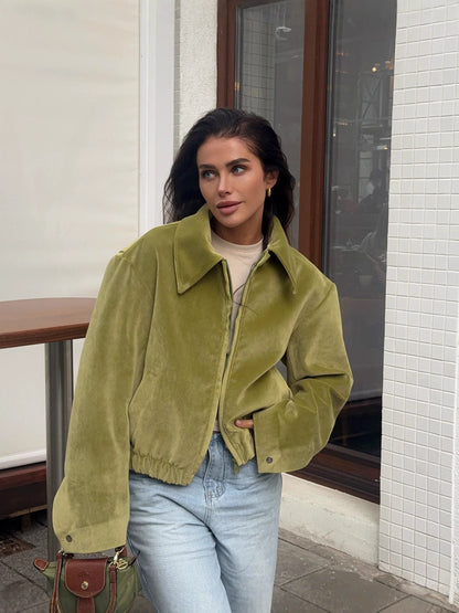 Women’s Jacket – Oversized Fit – Plush Texture – Lapel Collar – Zipper Front – Elastic Hem