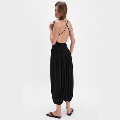 Women’s Jumpsuit – Backless Spaghetti Strap – Wide Leg Pleated Fit – Lightweight Fabric