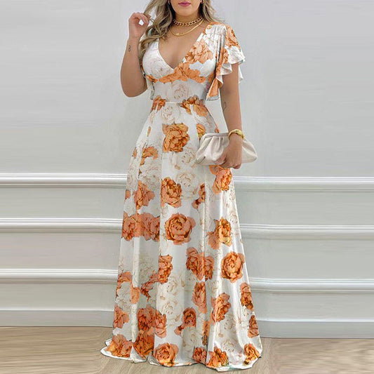 Floral Flounce Sleeve A-Line Dress