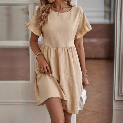 Women’s Knee-Length Dress – Cotton Linen Blend – Loose Fit – Ruffle Sleeve Casual Wear