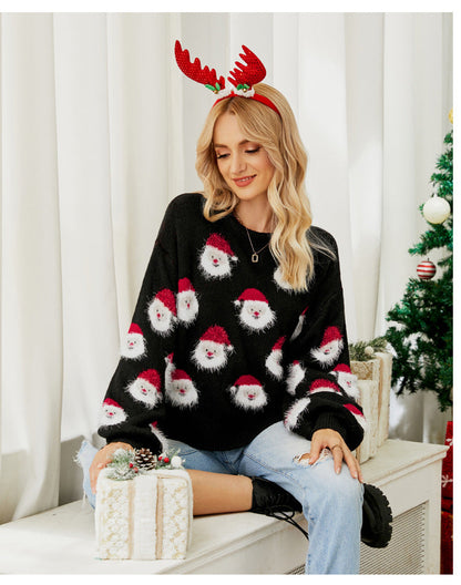 Women’s Sweatshirt – Relaxed Fit – Knit Texture – Santa Print – Crew Neck – Long Sleeve