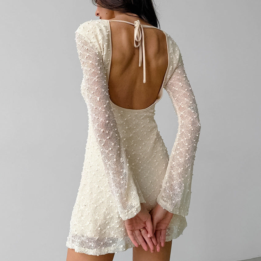 Women’s Mini Dress – Jacquard Fabric – Slim Fit – Long Sleeve – Round Neck Elegant Wear