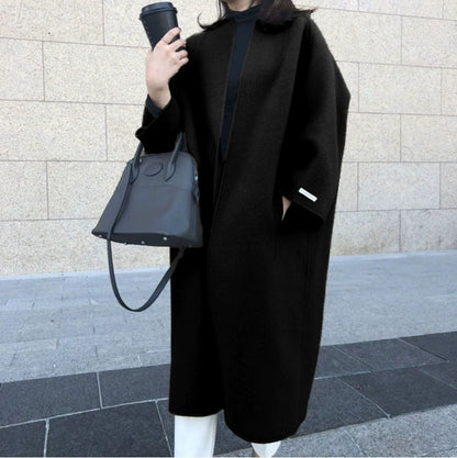 Women’s Long Coat – Wool Blend – Oversized Relaxed Fit – Open Front – Mid-Calf Length