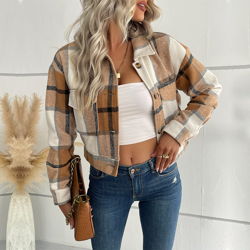 Women's single-breasted plaid lapel jacket