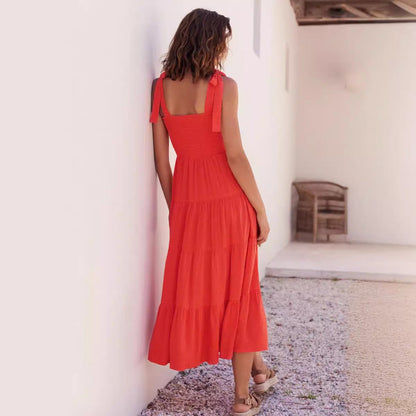 Women’s Midi Dress – Smocked Bodice – Adjustable Tie Straps – Tiered A-Line Skirt