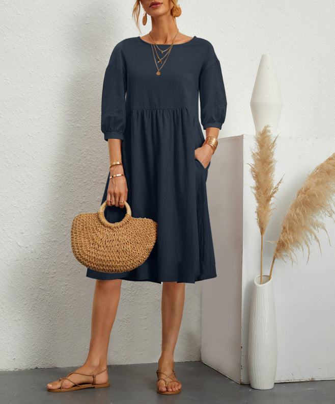 Linen Loose Fit Midi Dress With Pockets