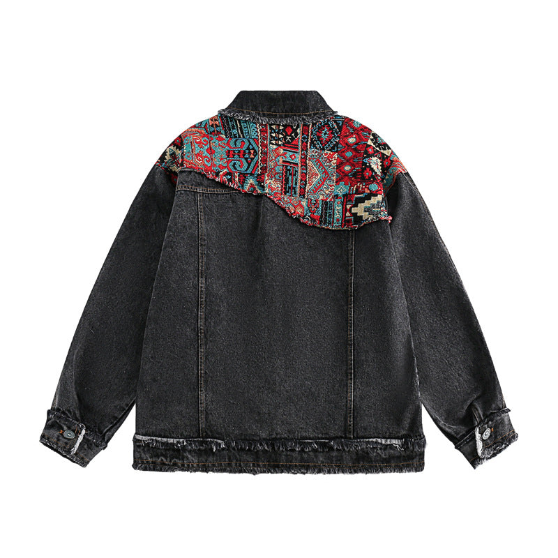  Ethnic Patchwork - Button-Up Denim Jacket