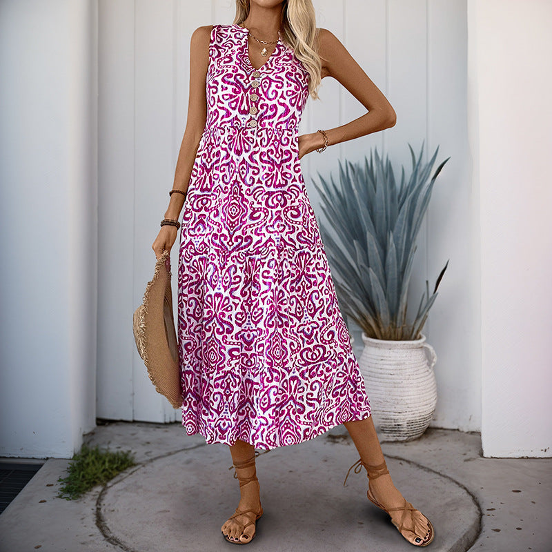 Women’s Midi Dress – V-Neck – Sleeveless – Relaxed Fit – Abstract Print – A-Line