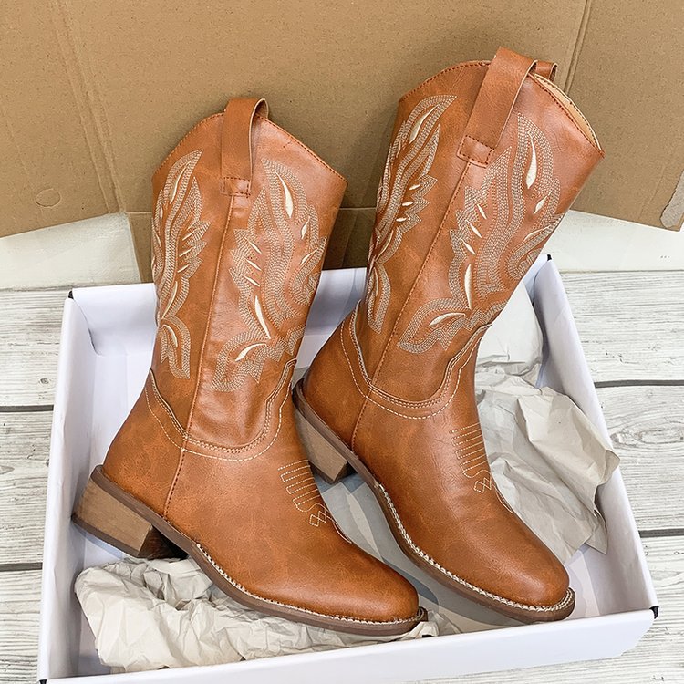 Leather Embroidered Western Mid-Calf Boots