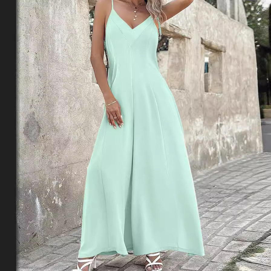 Cinched Waist Wide Leg V-Neck Jumpsuit