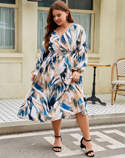 Women's V-Neck Long Sleeve Midi Dress
