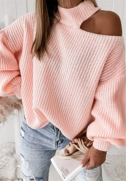Women’s Knit Sweater – Oversized Fit – Asymmetrical Shoulder – High Ribbed Neck