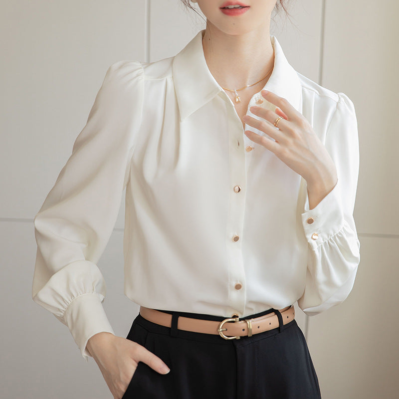  Elegant Button-Up Blouse - Puff Shoulder Design