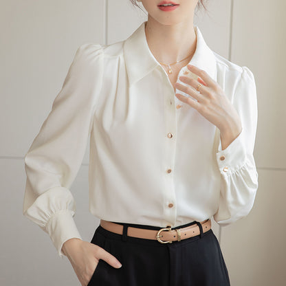 Women's Elegant Button-Up Blouse - Puff Shoulder Design