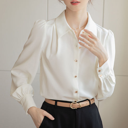  Elegant Button-Up Blouse - Puff Shoulder Design