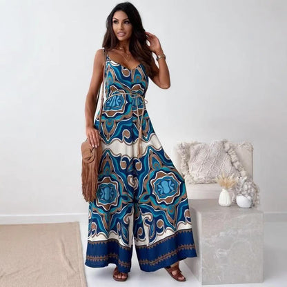 Women’s Jumpsuit – Sleeveless – Wide Leg – V-Neck – Tie Waist – Retro Floral Print